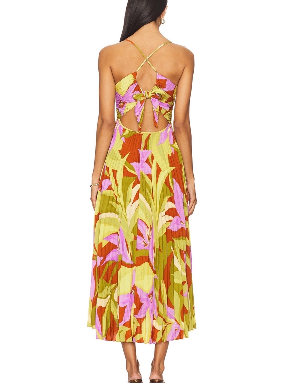 Astr Floral Pleated Spaghetti-Strap Midi Dress in Green, Pink & Rust Floral - Picture 2 of 2